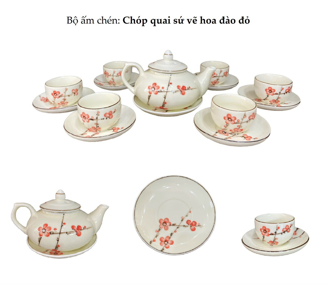 Bộ ấm chén Chóp quai sứ vẽ hoa đào đỏ