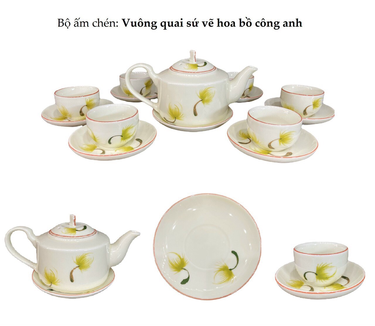 Bộ ấm chén Vuông quai sứ vẽ hoa bồ công anh
