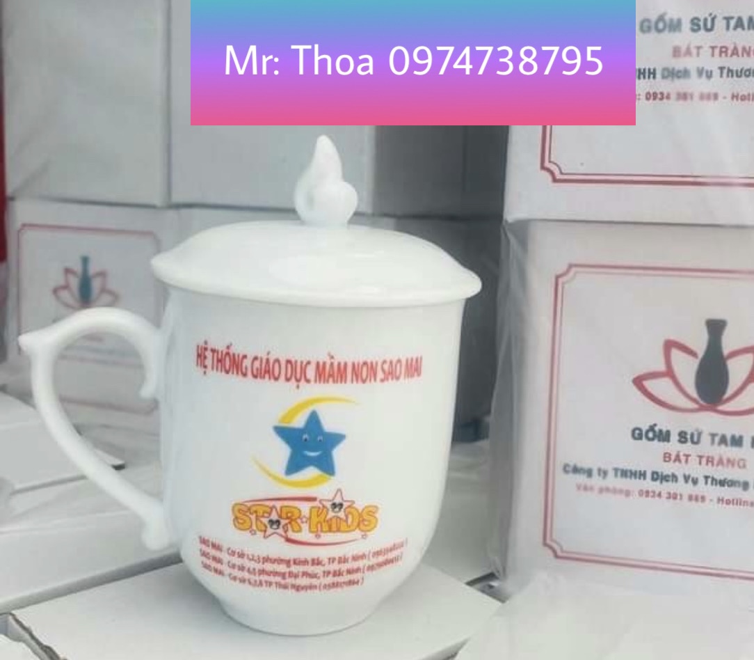 Cốc sứ trắng in chữ LôGo