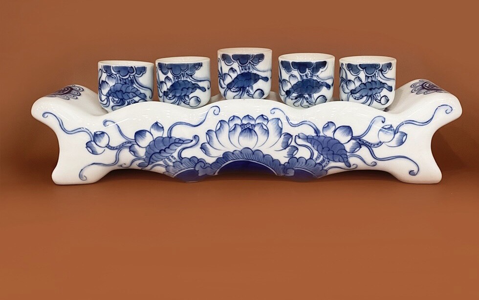 Khay 5 ngai sen vẽ tay Long Loan