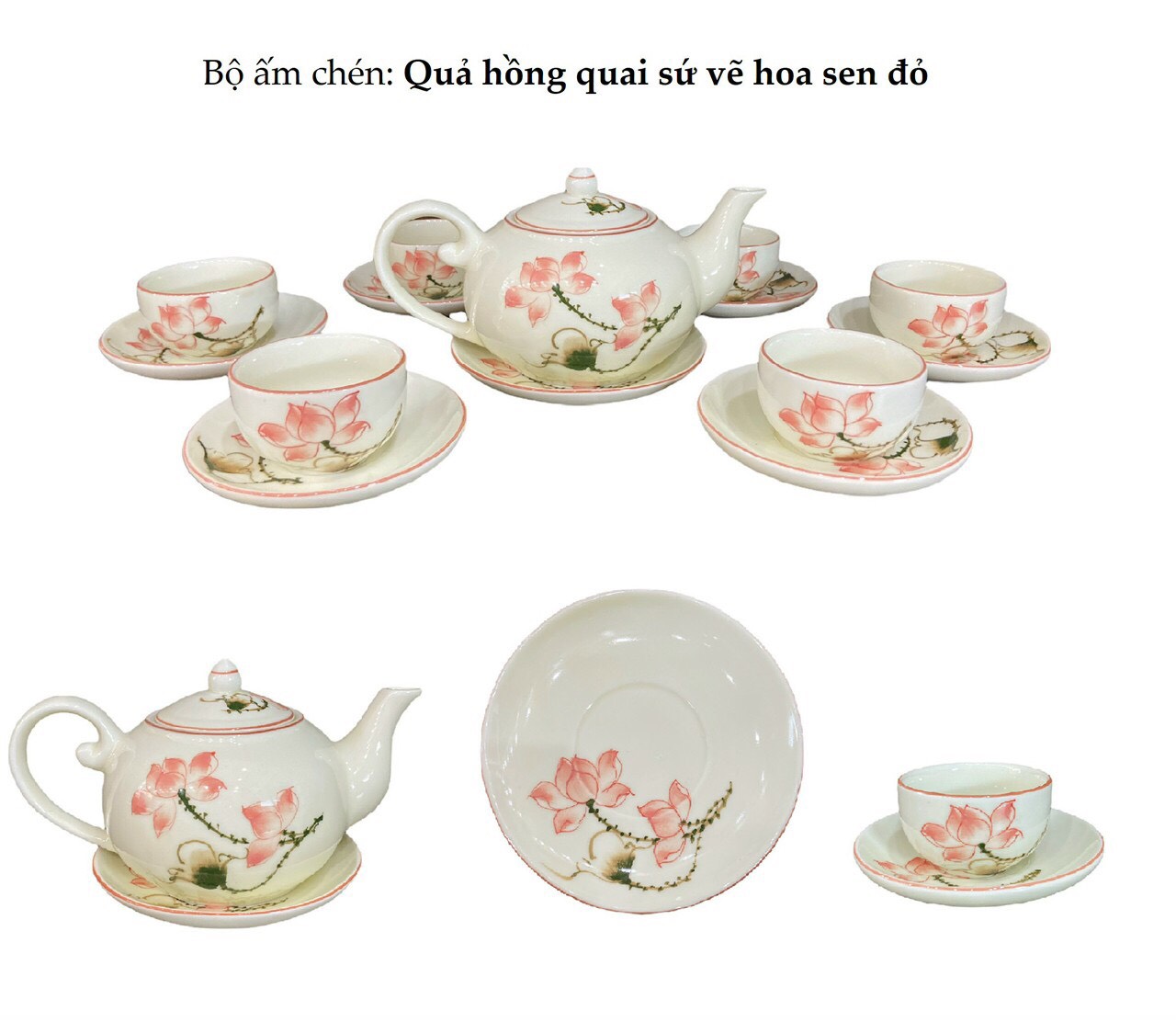 Bộ ấm chén Quả hồng quai sứ vẽ hoa sen đỏ