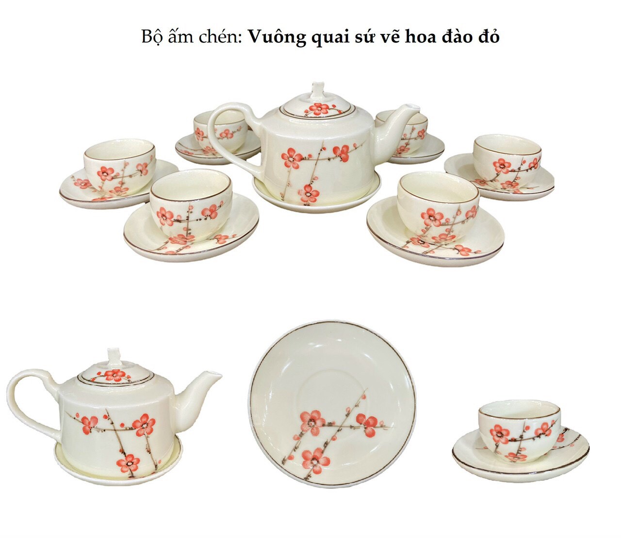 Bộ ấm chén Vuông quai sứ vẽ hoa đào đỏ