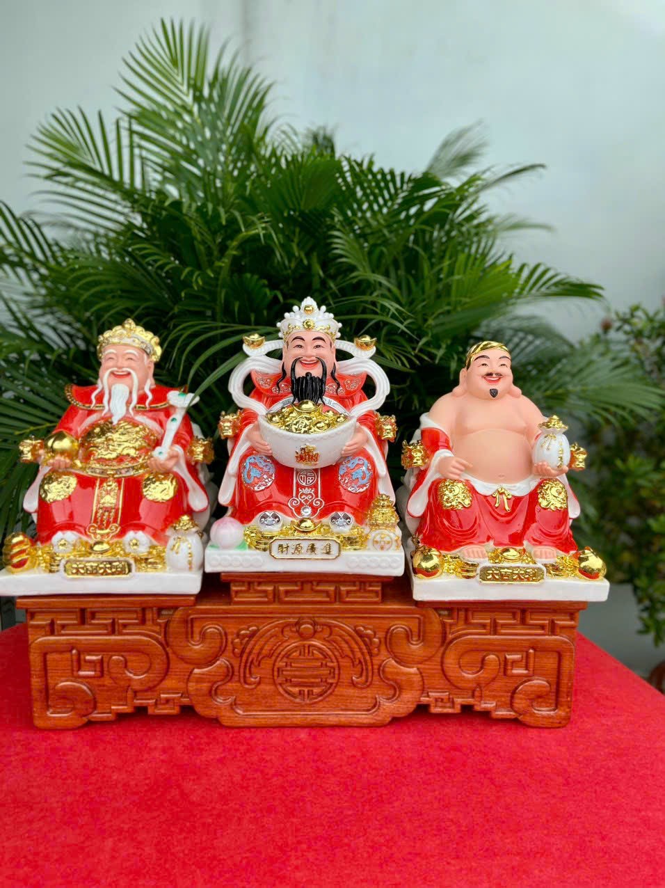 Bộ Tượng 3 Ông Thần Tiền+Thần Tài+Thổ Địa Đá Đỏ