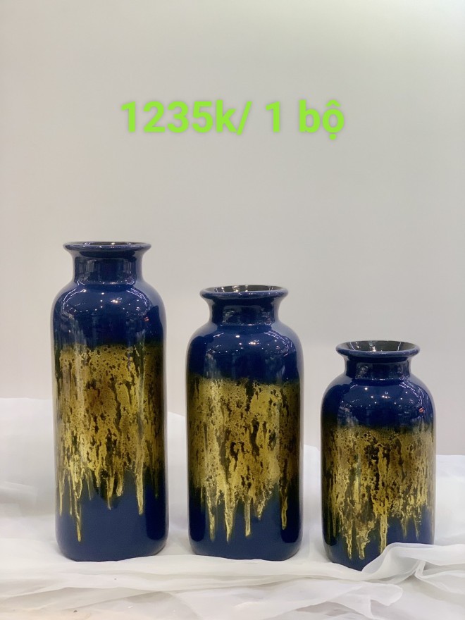 Bộ 3 lọ dáng chai sơn mài màu xanh coban