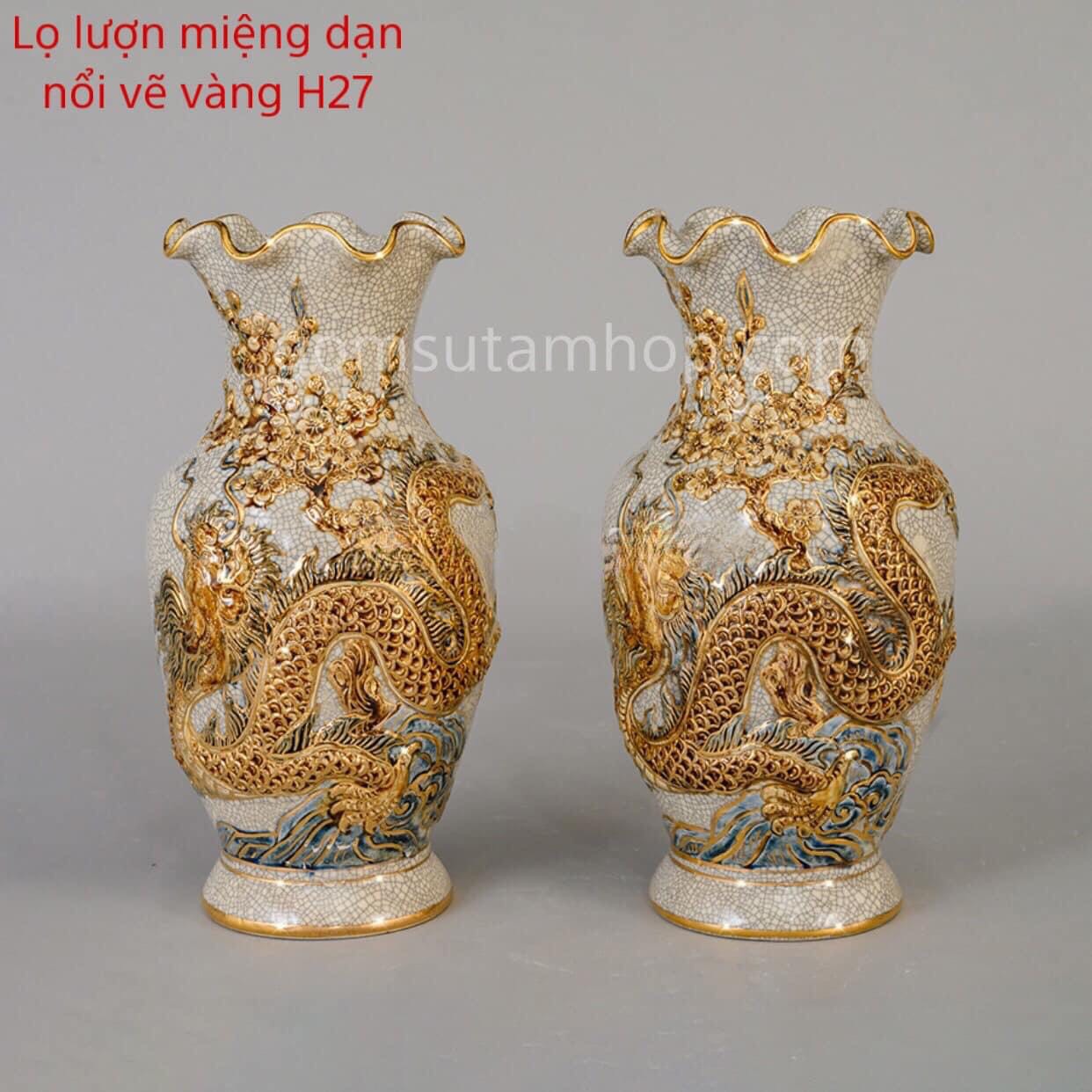 Lọ lượn miệng dạn nổi vẽ vàng H27